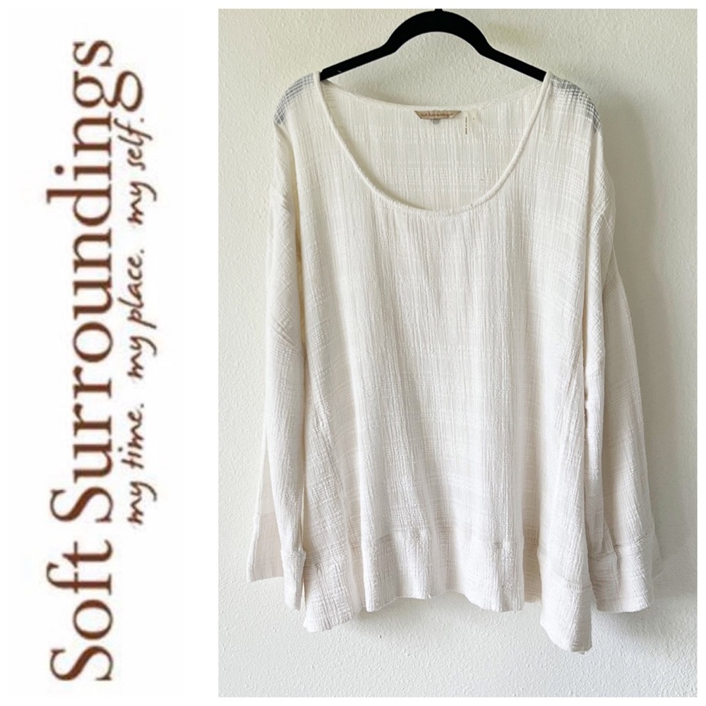 Soft Surroundings Cotton Gauzy Coastal Grandma Long Sleeve Artsy Cream White Top